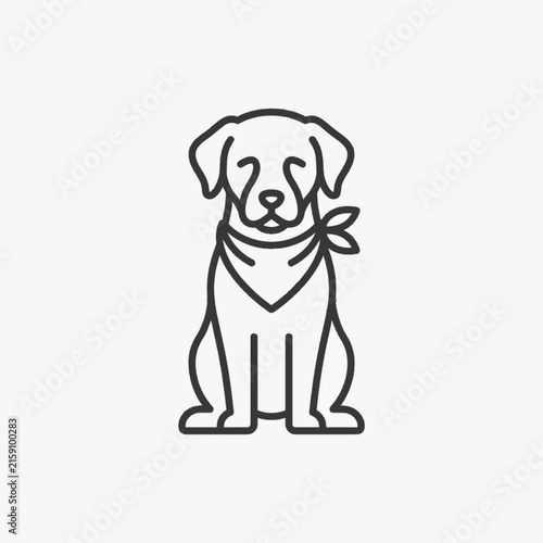 Minimalist black line art vector illustration of a Labrador retriever dog sitting forward wearing a neck bandana, clean outline stroke on white background, pet graphic symbol icon.