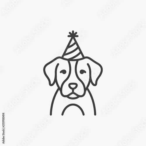 Minimalist line art vector illustration of a dog wearing a striped party hat with a pom-pom. Frontal view portrait of a puppy celebrating a birthday, anniversary, or special event.