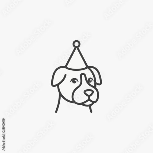 Minimalist black and white line art illustration of a pitbull dog head wearing a cone party hat, isolated on a white background, celebrating a birthday or anniversary event.