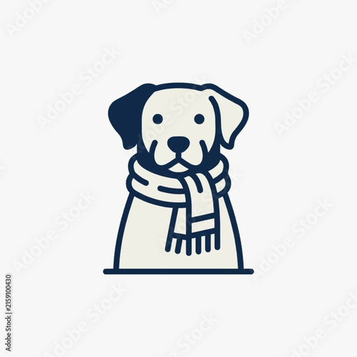 Minimalist flat vector illustration of a cute dog wearing a winter scarf, navy blue line art on off-white background, front view of a friendly labrador puppy portrait.