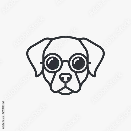 Minimalist black line art vector illustration of a dog head wearing round black sunglasses, stylized canine face icon with floppy ears and snout, isolated on a white background.