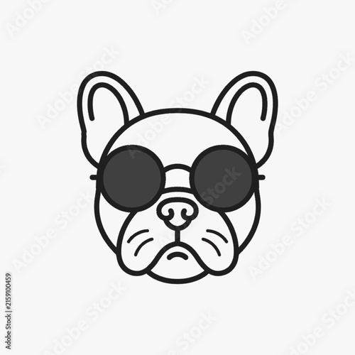 Minimalist black and white vector illustration of a French Bulldog wearing round dark sunglasses, clean line art portrait of a canine head isolated on a white background.