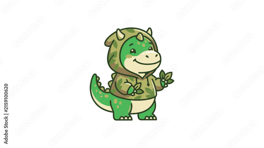 Obraz premium Cute dinosaur wearing a green animal onesie.