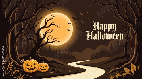 Spooky halloween landscape with a full moon, carved jackolanterns, and a winding path through a dark forest