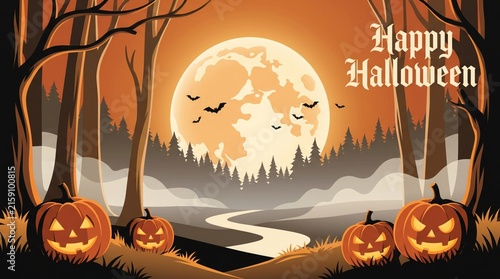 Happy halloween greeting card with spooky forest, full moon, bats and carved pumpkins