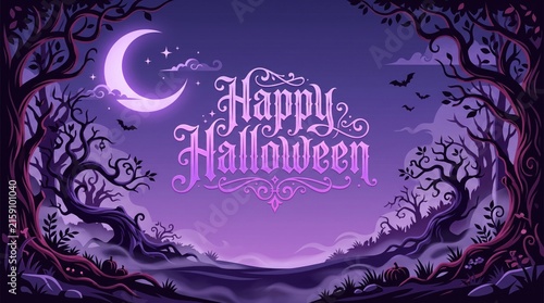Happy halloween greeting card design with crescent moon and spooky forest silhouette