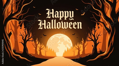 Happy halloween greeting card with a spooky forest, full moon, and bats in an orange and black theme