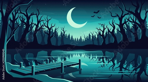 Spooky night landscape with a wooden pier on a lake, crescent moon, and bare trees in a dark forest