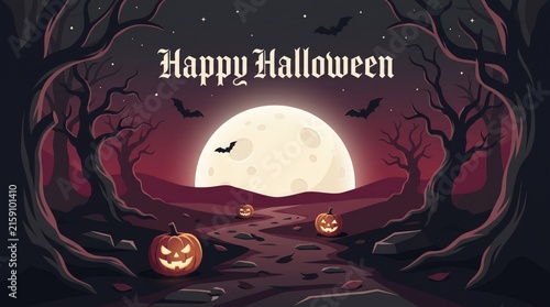 Happy halloween greeting card with spooky forest, full moon, bats and carved pumpkins
