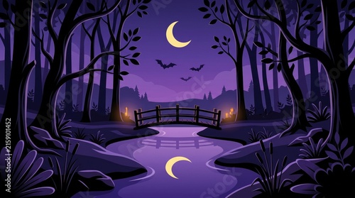 Spooky halloween night landscape with a wooden bridge over a river, crescent moon, bats, and dark forest trees in a purple atmosphere
