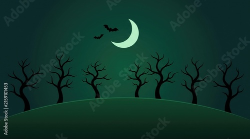Spooky halloween landscape with bare trees, crescent moon and bats on a dark green background