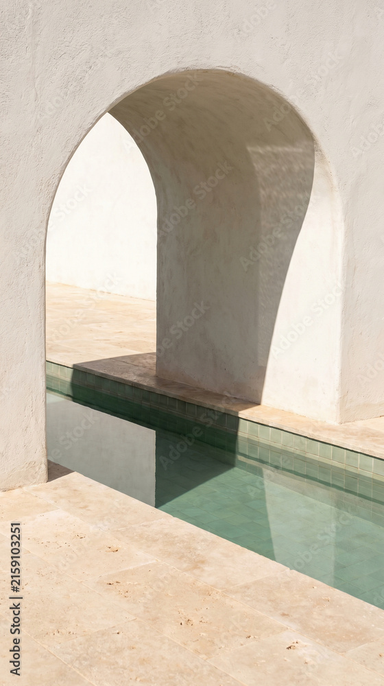Fototapeta premium Sage-Tile Resort Pool Arch With Crisp Midday Shadow Stripes