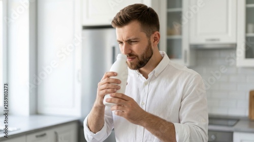 Professional man smelling fresh coffee aroma from white mug in bright modern kitchen