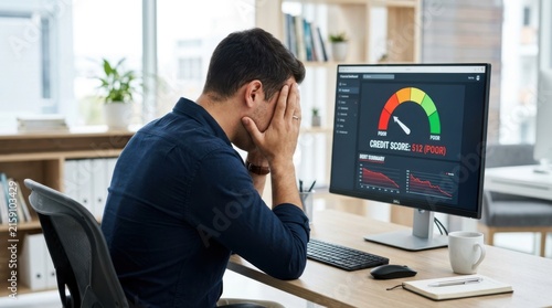 Frustrated businessman analyzing complex data charts on computer screen in modern office