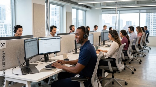Diverse office team collaborating on computers in bright modern workspace with focus and productivity