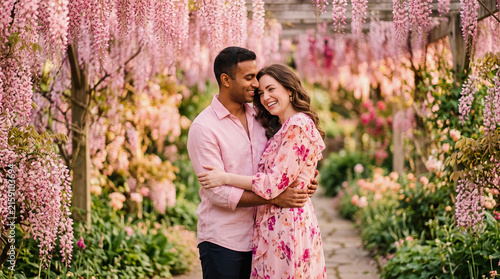 Happy couple embracing in a beautiful pink wisteria flower tunnel garden path during romantic engagement photo session outdoors