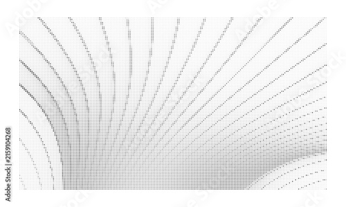 Abstract monochrome halftone pattern with curved radial lines and dots