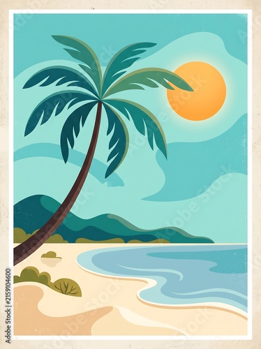 Tropical beach paradise with palm tree sandy shore and sun under teal sky