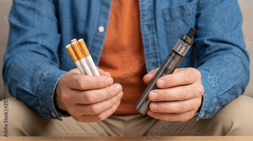 Man holding cigarette and e-cigarette deciding between smoking and vaping alternatives