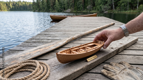 Hand placing a small wooden boat model on a lakeside dock with a large oar and rope.