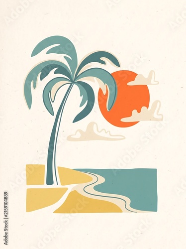 Minimalist tropical beach illustration featuring palm tree sun and ocean waves in a retro boho aesthetic style
