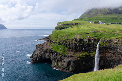 Múlafossur Waterfall at Faroe Islands in Summer
