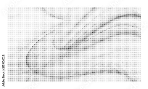 Abstract monochrome halftone pattern with dynamic flowing wave shapes and dots