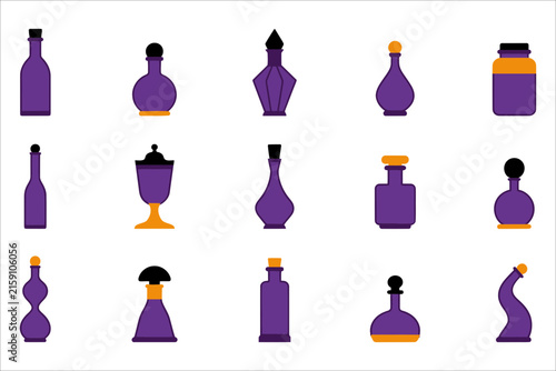 Collection of colorful potion bottles and vintage containers
