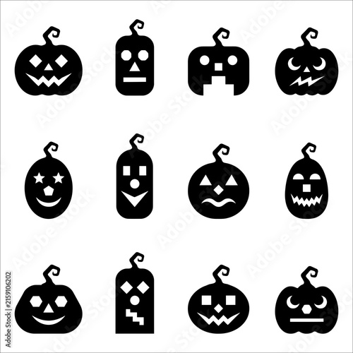 Black silhouette collection of various carved halloween jack o lantern faces