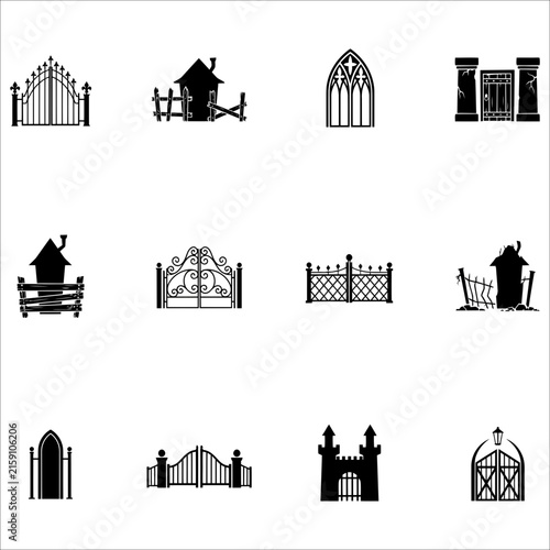 Collection of black silhouette icons depicting various gates and entrances