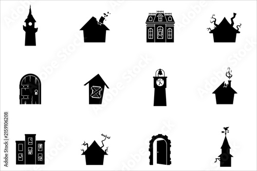 Collection of spooky halloween house silhouettes and architectural elements