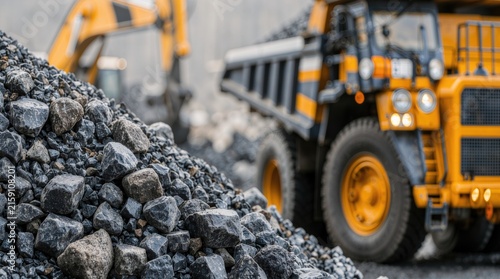Mining and quarrying. Crushed stone and gravel are processed and transported by heavy dump trucks and excavators for construction material production.