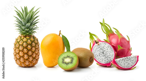 Assortment of fresh tropical fruits including pineapple, mango, kiwi and dragon fruit.