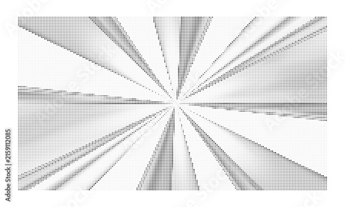 Abstract sunburst halftone radial pattern background with radiating monochrome dots