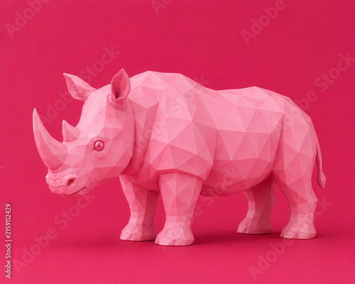 Low Poly Pink Rhinoceros Isolated on Bright Pink Background