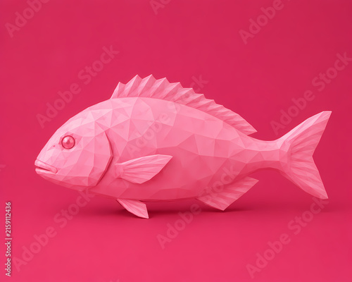 Pink low poly paper craft fish on vibrant monochrome background
