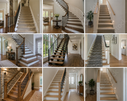 Residential home staircase collection featuring wood metal and painted railings open risers carpeted steps landings and modern interior stair designs connecting floors in bright stylish houses