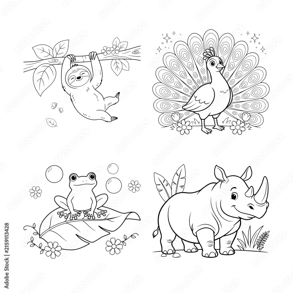 Naklejka premium Coloring page set with cartoon sloth, peacock, frog on a leaf, and smiling rhinoceros