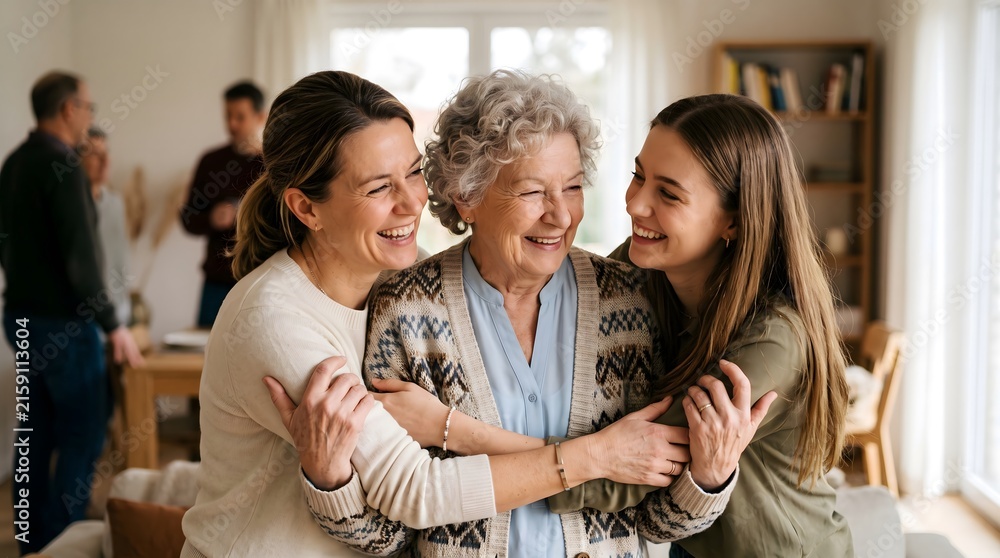 Fototapeta premium Three generations of women embracing and laughing together indoors