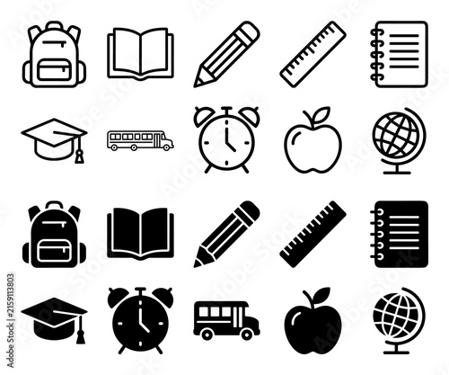 Foto School and education icons set including backpack, book, pencil, ruler, notebook