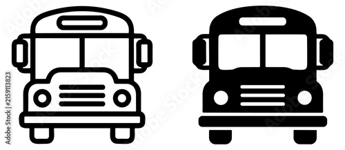 Foto School bus front view icons in black and white outline and solid style transport