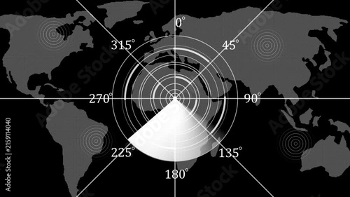 Digital radar scanner over map, global surveillance and tracking technology motion