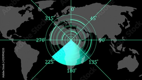 Digital radar scanning map interface, futuristic global surveillance and navigation hud animation