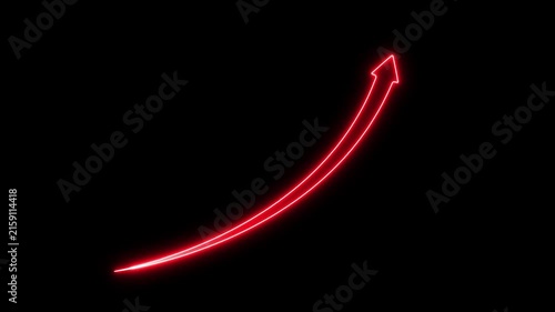 Red neon growth arrow rising upward, financial success and business progress concept, glowing digital on black background