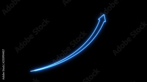 Neon blue glowing upward arrow animation on black background, for business growth, and success concepts