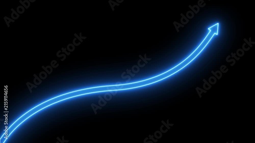 Glowing blue neon arrow moving upwards on black background, financial growth and success concept