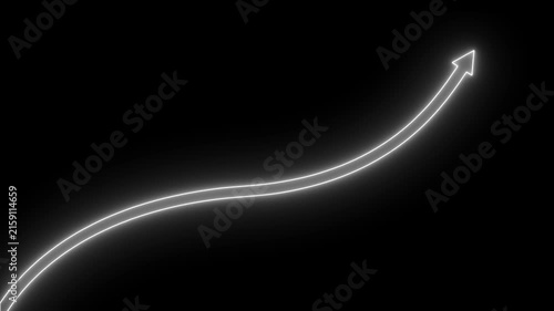 Glowing white neon arrow pointing upward, financial growth and success concept, minimalist motion on black background