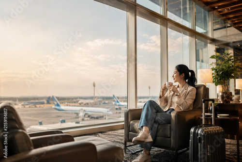 Airport Lounge Serenity: A young woman enjoys a tranquil moment with a cup of coffee in a modern airport lounge, gazing out at the tarmac with airplanes preparing for departure.