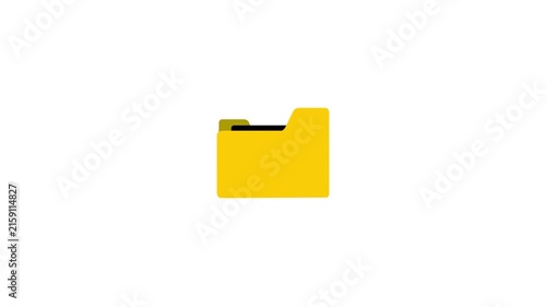 Minimalist 2 d animation of a yellow folder opening and closing on white background, file document archive