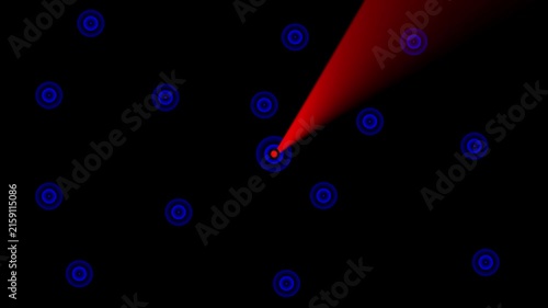 Digital radar scanning interface with red laser beam targeting blue circular nodes on black background